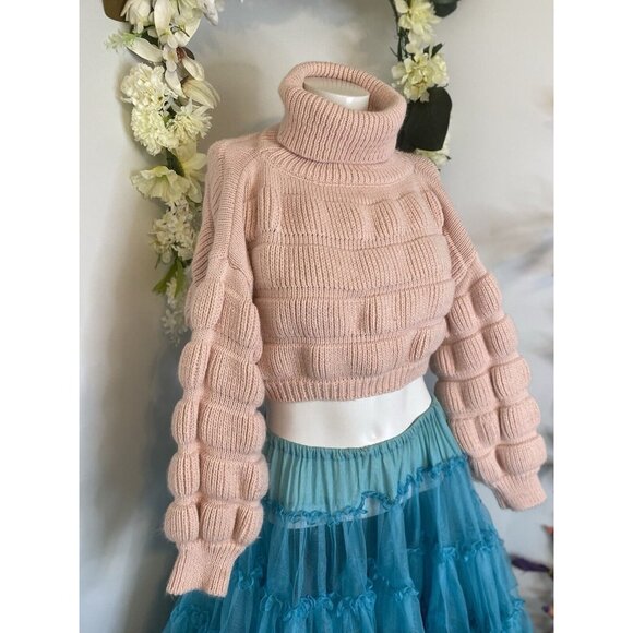 Bubble Gum Pink Turtleneck Cropped Chunky Puffy Sweater Small Medium Trendy EUC - Picture 13 of 16